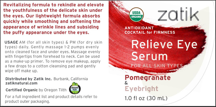 Zatik Naturals Relieve Eye Serum with Pomegranate and Eyebright Antioxidant USDA Certified Organic Rekindle and Elevate