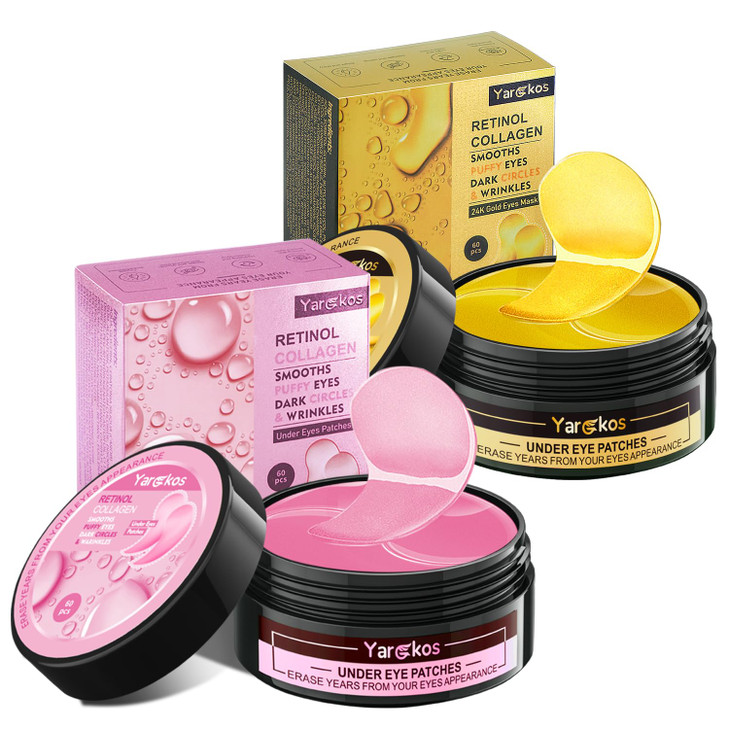 2 Packs 60 Pcs Under Eye Patches 24K GoldPink 30 Pairs Women Undereye Mask for Puffy Eyes Dark Circles Treatment Men Col