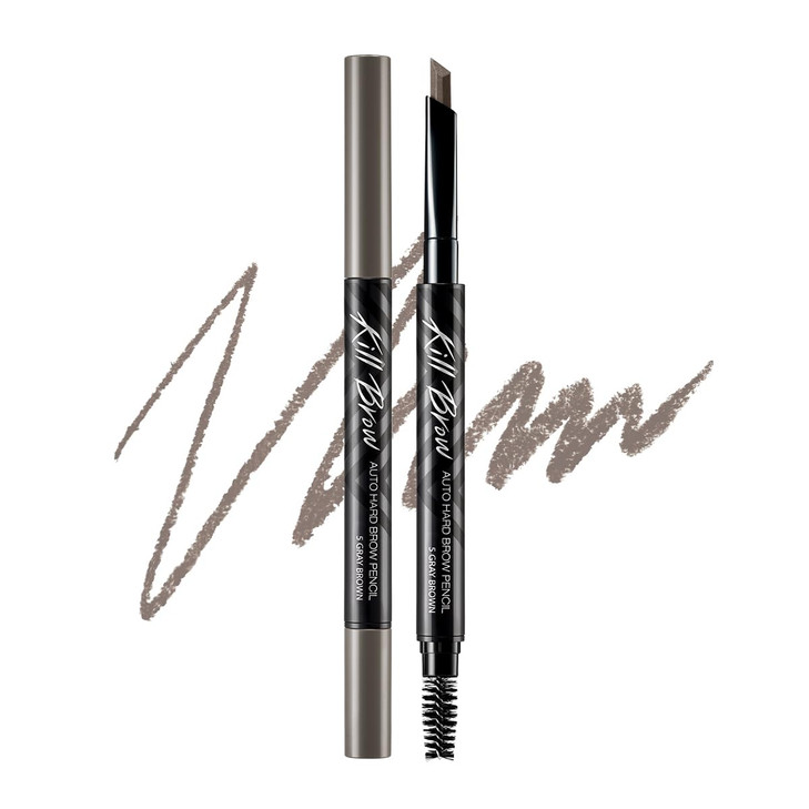 CLIO Kill Brow Auto Hard Eyebrow Pencil DualEnd Long Lasting Waterproof SmudgeResistant Spoolie Brush Sharpener 05 Gray