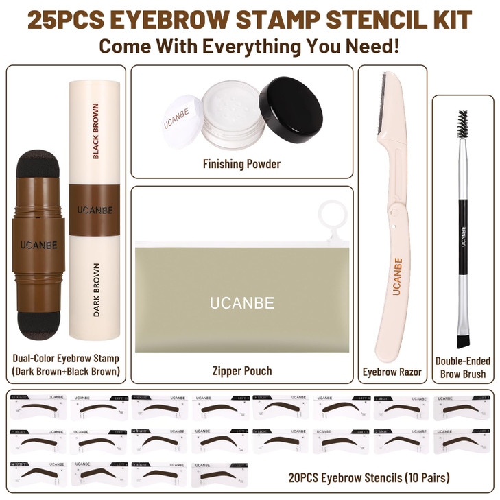 UCANBE 25PCS Eyebrow Stamp Stencil Kit With DualColor Eyebrow Stamp Pomade20 Reusable Eyebrow StencilsFinising PowderBru