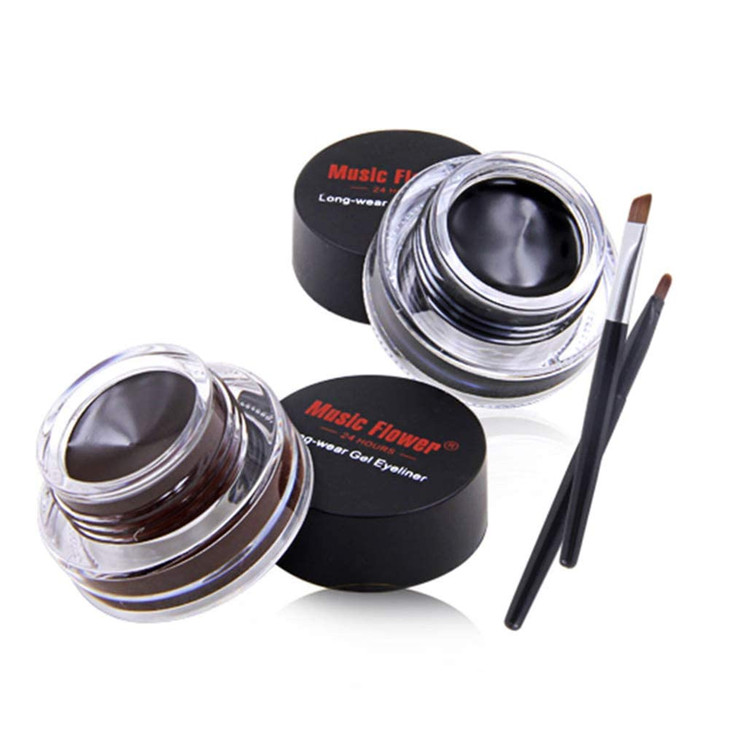 Music Flower Gel Eyeliner Black and Brown Eyeliner Waterproof Long Lasting Smudge Proof Gel Liner with 2 Brushes Easy to