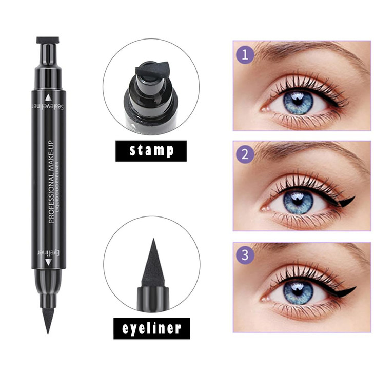 Linble Dual Ended Black Liquid Eyeliner 2 in 1 Winged Cat Eye Stamp Felttip Eyeliner Pen Waterproof Long Lasting and Smu