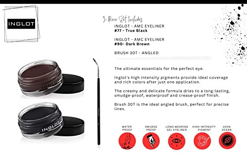 Inglot Eyeliner Bundle AMC Eyeliner Gel 90 AMC Eyeliner Gel 77 and Brush 30T 3piece