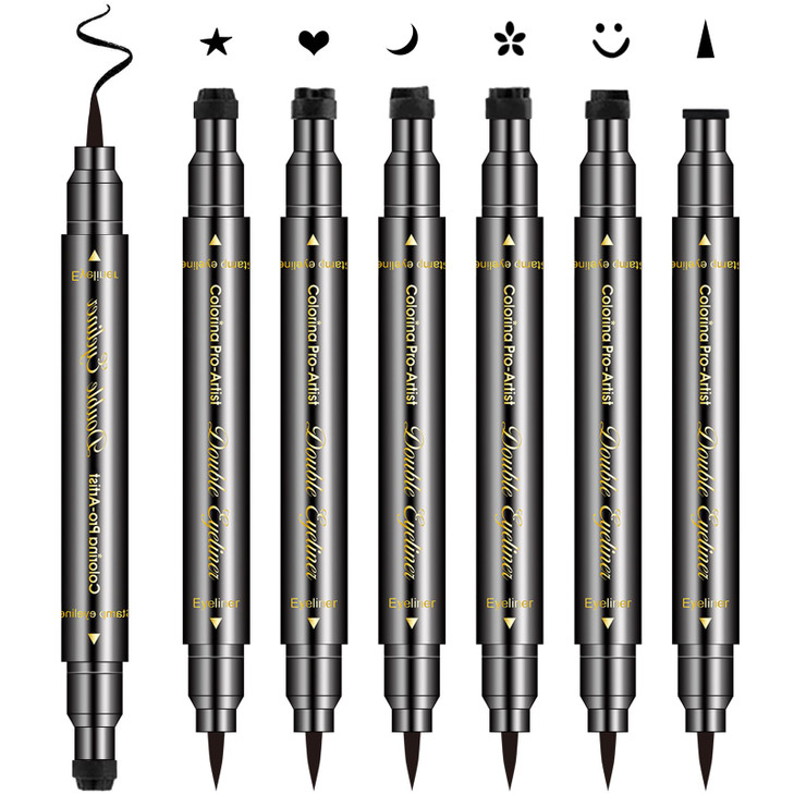 Erinde 6PCS Doubleheaded Eyeliner Stamp Pen Set Black Stencil Winged Eyeliner Tattoo Tool Star Moon Heart Eye Makeup