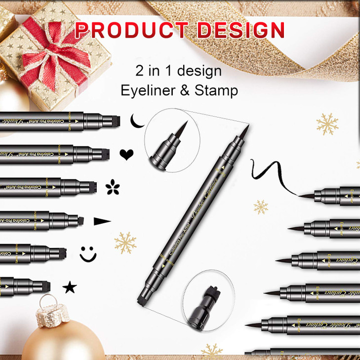 Erinde 6PCS Doubleheaded Eyeliner Stamp Pen Set Black Stencil Winged Eyeliner Tattoo Tool Star Moon Heart Eye Makeup