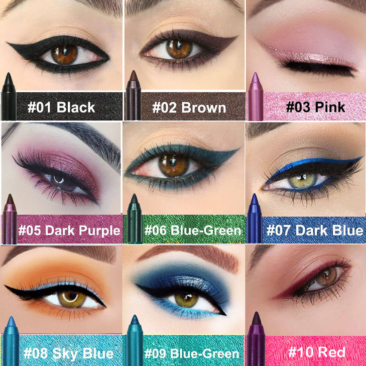 ASCOKA 10 Color Eyeliner Pencil Set Glitter Blue Pearl Eye Lip Liner Waterproof Metallic Finish