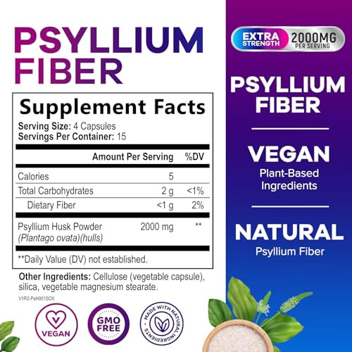 Psyllium Husk Fiber Supplement 1500mg - Vegan Prebiotic, Soluble Fiber for Daily Digestive Health & Regularity Support, Natural Psyllium Powder Caps,