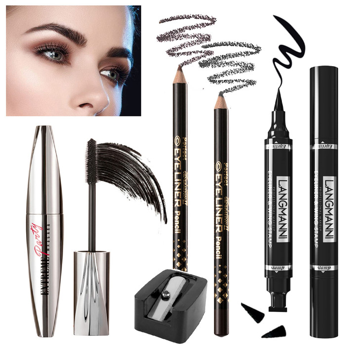 Wismee Mascara Eye Liner Eye Makeup Set Waterproof Liquid Eye Liner Stamp Mascara Black volume and length Eyelash Quick