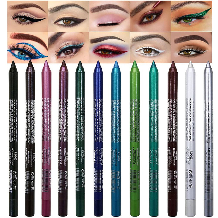evpct 12Pcs Green Blue White Black Brown Purple Color Gel Glitter Eyeliner Pencils Set for Women Waterline Waterproof Sm