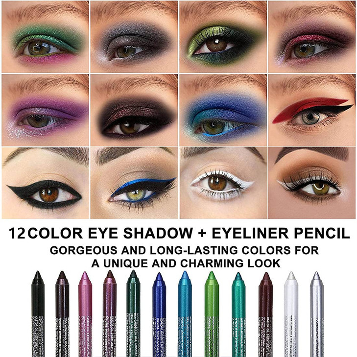 evpct 12Pcs Green Blue White Black Brown Purple Color Gel Glitter Eyeliner Pencils Set for Women Waterline Waterproof Sm