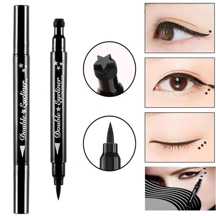 Pinkiou 2 in 1 Doubleheaded Liquid Eyeliner Pen Stamp Super Slim Gel Felt Tip High Pigment Black Waterproof Smudgeproof