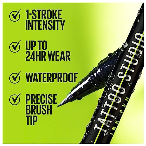 Maybelline Tattoo Studio Ink Pen Eyeliner Waterproof Smudge Resistant Liner Up to 24 Hours Eye Makeup Wear Jet Black 1 C