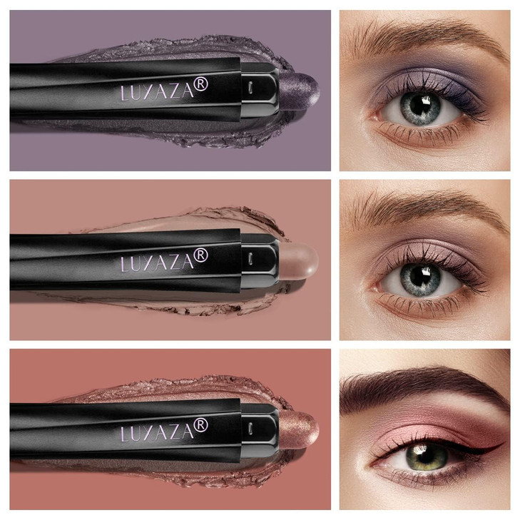 LUXAZA 3Pcs Eyeshadow Stick Set Matte And Shimmer Creamy Eyeshadow PencilEye Brightener StickNude Caramel Grayish Purple