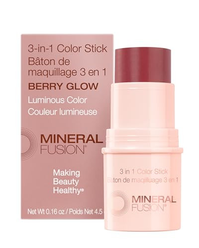 Mineral Fusion 3in1 Color Stick Hydrating Tinted Cream Blush for Cheeks Lip and Eye Natural Multi Use Makeup Berry Glow
