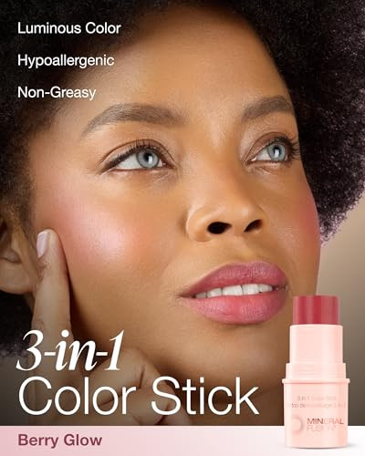 Mineral Fusion 3in1 Color Stick Hydrating Tinted Cream Blush for Cheeks Lip and Eye Natural Multi Use Makeup Berry Glow