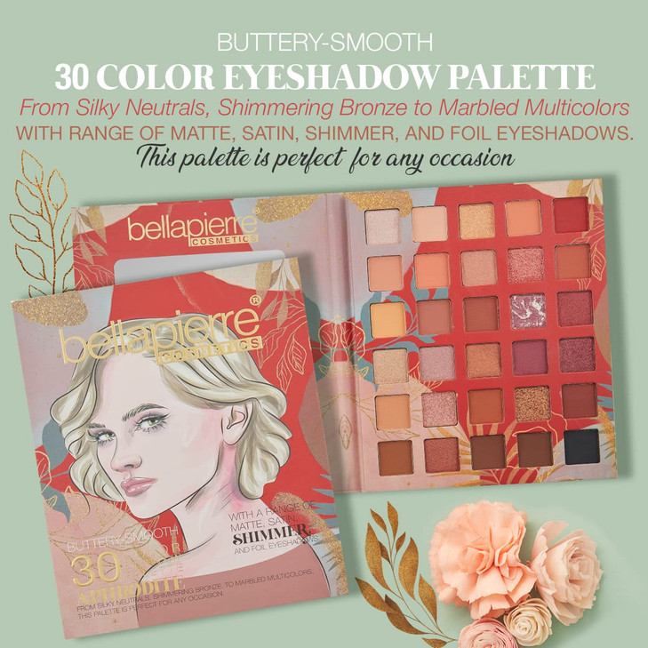 bellapierre Aphrodite Eyeshadow Palette 30 Shades in Matte Satin Shimmer Foil Finishes NonToxic Paraben Free Natural Cru