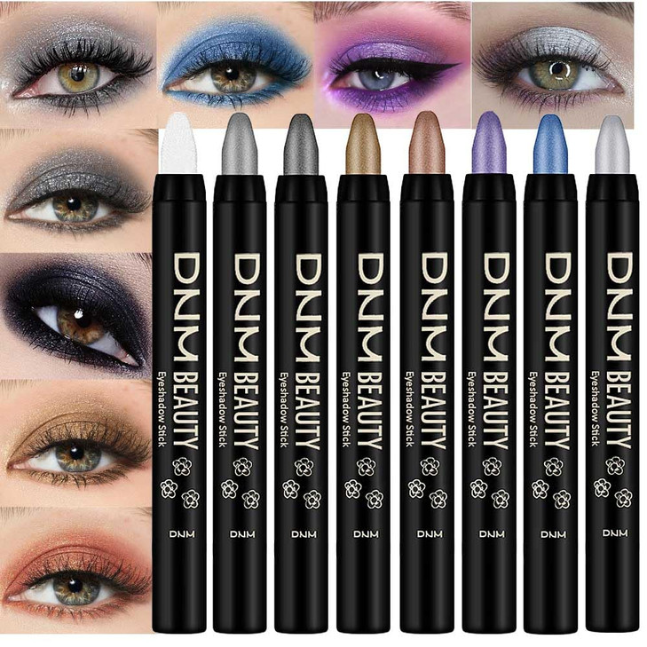 8Pcs Glitter Eye Shadow Sticks Liner Pencils Makeup Pearl White Smokey Black Gray Silver Violet Purple Khaki Royal Blue