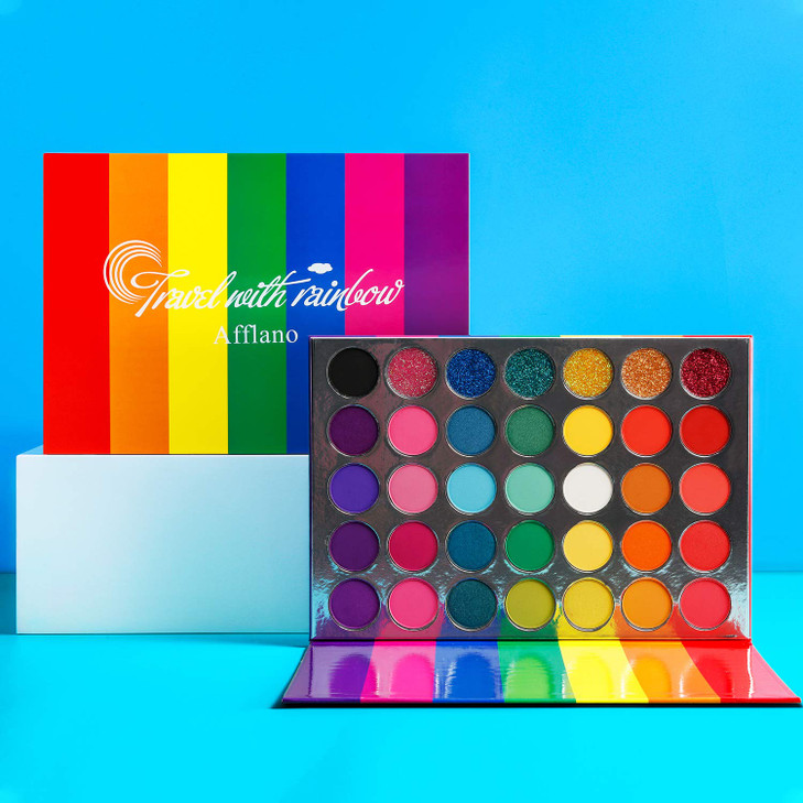 Afflano Rainbow Eyeshadow Palette Matte Shimmer Pressed Glitter Pigmented Colorful Eye Shadow Pallets Pink Red Orange Ye