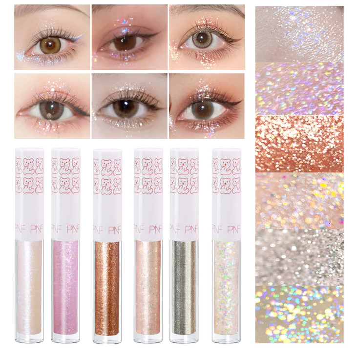 6Pcs Liquid Glitter Eyeshadow Eyeliner Korean Makeup Bling Under Eye Shadow Shimmer Eye Make Up Valentines Gift SetLong