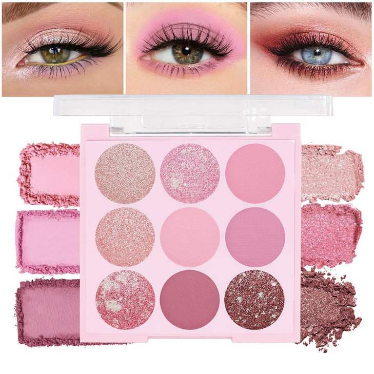 AMYS DIARY Pink Shimmer Eye Shadow Makeup Palette 9 Colors Highly Pigmented Matte Glitter Shimmer Pearl Waterproof Party