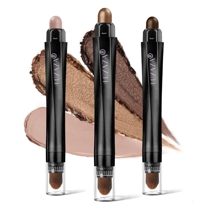 LUXAZA 3Pcs Eyeshadow Stick Set Matte And Shimmer Creamy Eyeshadow Pencil Brown Gold Nude Shadow Stick Set Waterproof Lo