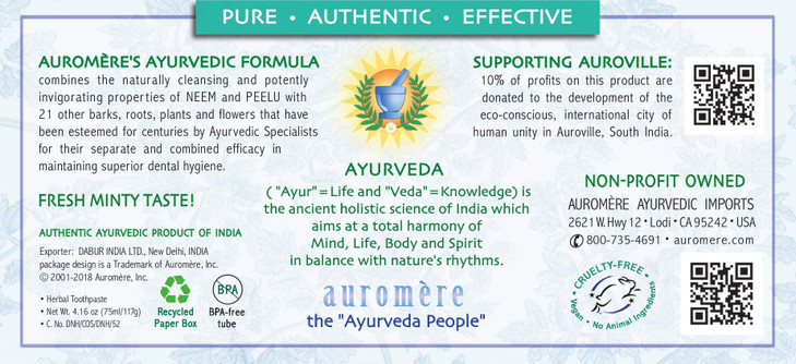 Auromere Ayurvedic Herbal Toothpaste, Fresh Mint - Vegan, Natural, Non GMO, Fluoride Free, Gluten Free, with Neem & Peelu (4.16 oz), 1 Pack online at globaldelivered