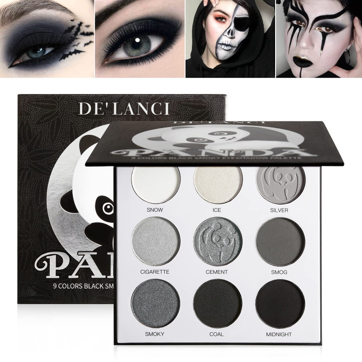 ecofavor Black Smoky Eye shadow Palette DELANCI PANDA 9 Colors True Black Dark Grey Smokey Goth Makeup Pallet 9 Soft Mat