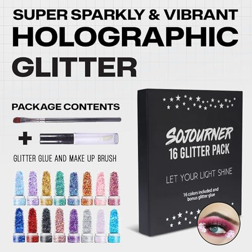 Chunky Holographic Body Glitter I 16 Colors Glitter Glue for Face Glitter Makeup Hair Eye Fine Glitter Eyeshadow Perfect