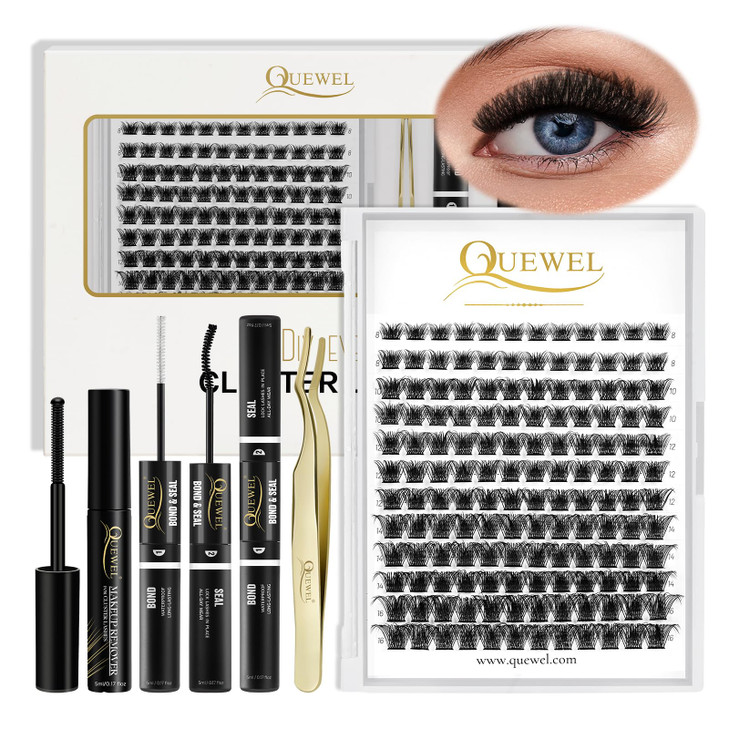 QUEWEL DIY Eyelash Extensions Kit Lash Clusters 144 Pcs Golden Lashes Tweezers Eyelashes Clusters Bond and Seal Waterpro