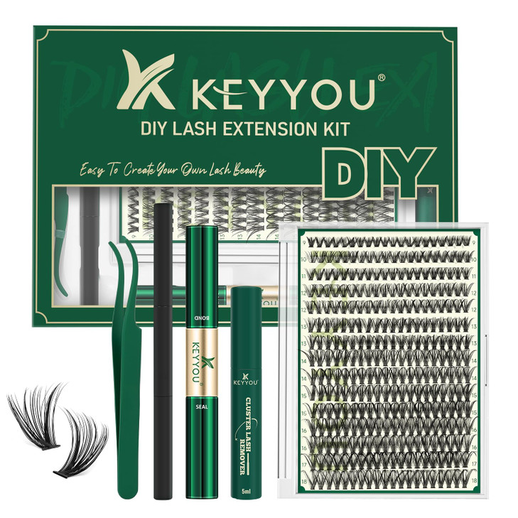 KEYYOU Lash Extension Kit DIY 300Pcs Lash Clusters Kit 40D 007 D Curl 918MIX Eyelash Extension Kit Individual Lashes Kit