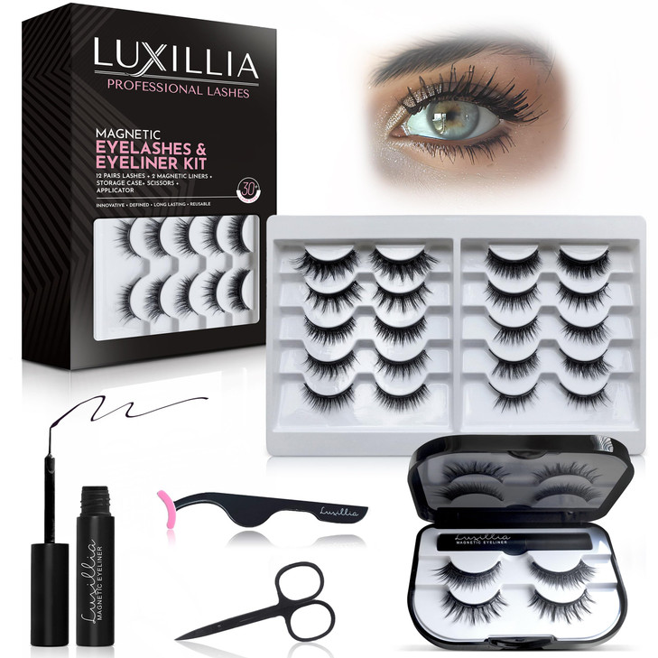Luxillia Magnetic Eyelashes Kit 16 Piece Magnetic Eyelash Eyeliner Set with Applicator Natural Look Easy Apply Reusable