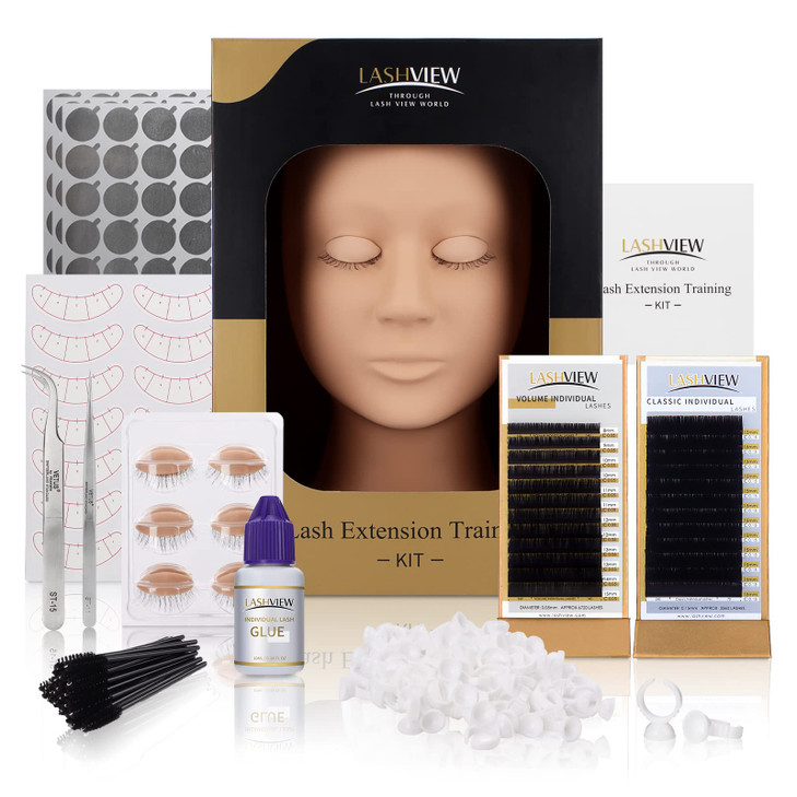LASHVIEW Lash Extension Kit Eyelash Extension KitProfessional Eyelash Mannequin Head Kit with 4pc Removable Eyelids Lash