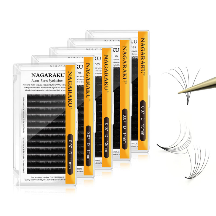 NAGARAKU Easy Fan Eyelash Extensions Volume Lashes 5 Trays in 1 Pack 007 D curl 1112131415mm Rapid Blooming Russian Mega