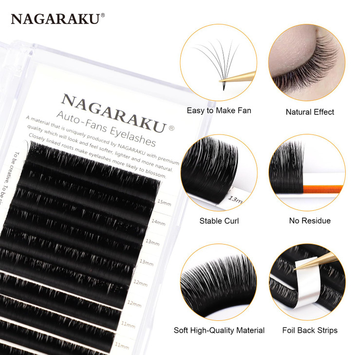 NAGARAKU Easy Fan Eyelash Extensions Volume Lashes 5 Trays in 1 Pack 007 D curl 1112131415mm Rapid Blooming Russian Mega