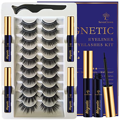 3D Magnetic Eyelashes with Eyeliner Kit 7C SevenCrown Magnetic Lashes Natural Looking with Upgraded 4 Tubes of Liner Wat