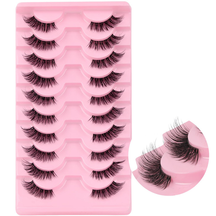 Ahrikiss Half Lashes Natural Look 10 Pairs Wispy Cat Eye Lashes 10mm 3D Fluffy False Eyelashes with Clear Band Short Hal