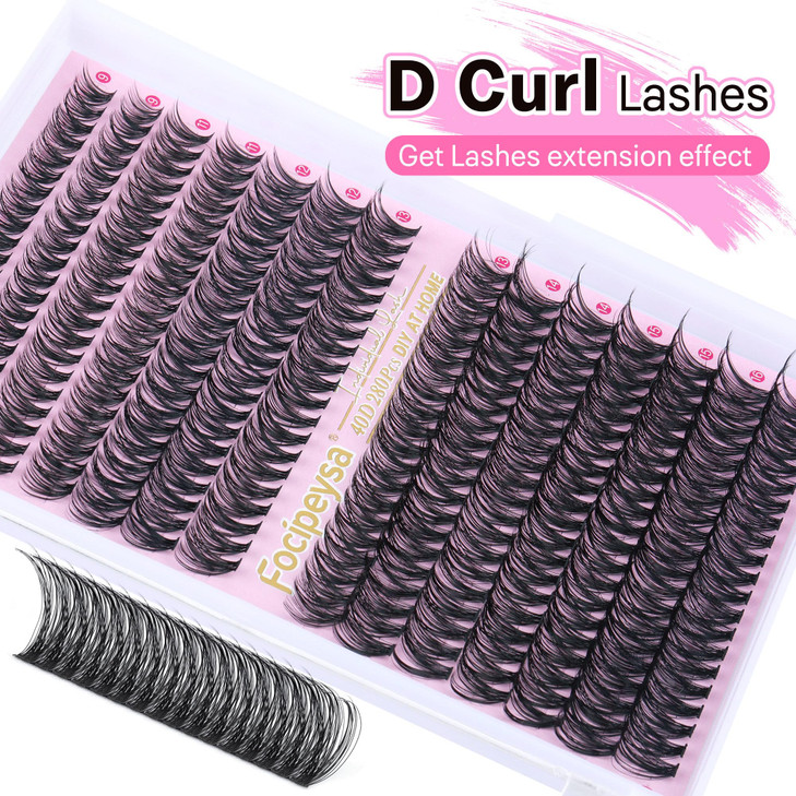 Focipeysa Eyelash Extension Kit D Curl Lash Clusters 280pcs DIY Lash Extension Kit 40D Individual Lashes with Lash Bond