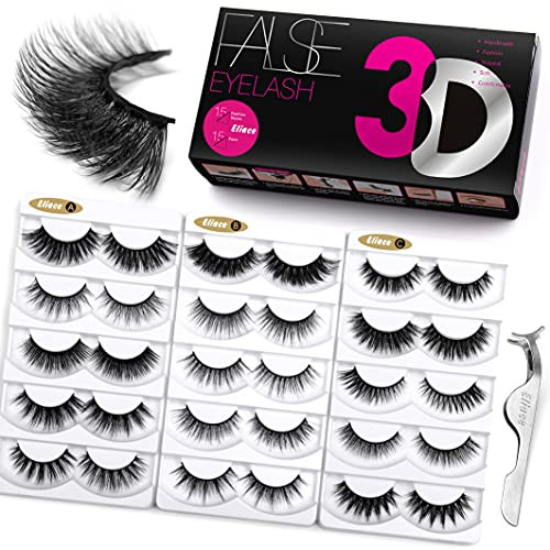 Eliace 3D Mink Lashes Natural Look 15 Mixed Styles 15 Pairs Fake Eyelashes Bulk Pack Handmade Luxurious Volume Fluffy Na