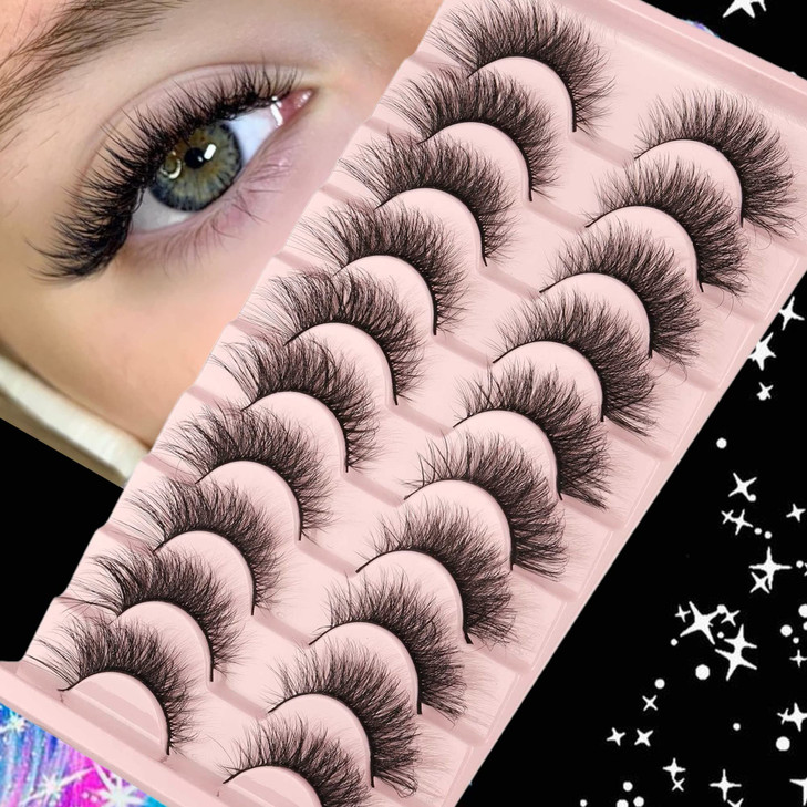 False Eyelashes Mink Lashes Natural Wispy Cat Eye Lashes Geeneiya Eyelashes Pack 3D Strip Short Volume Fake Eyelashes 10