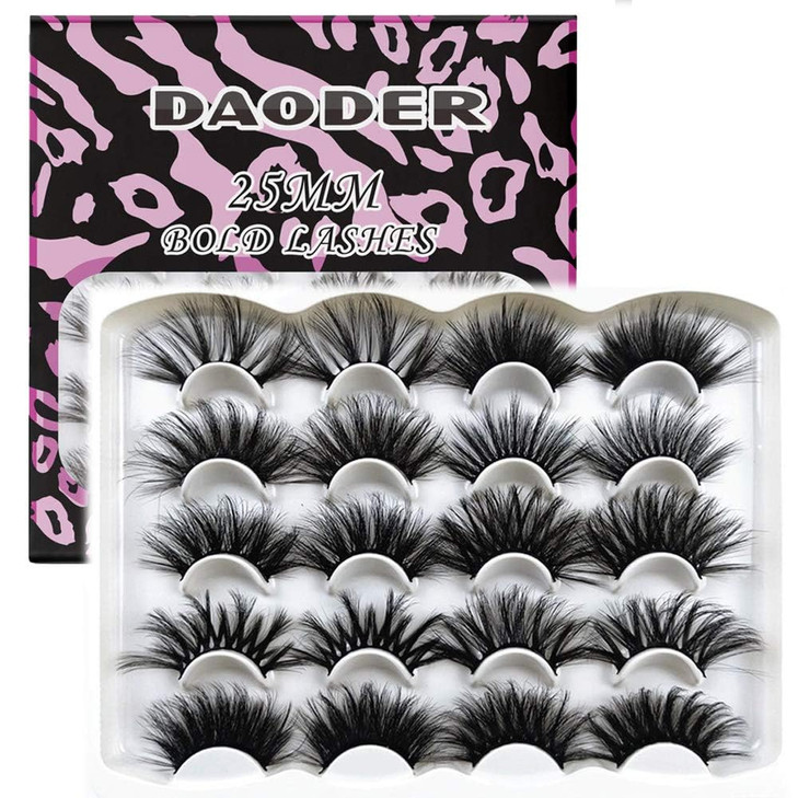 DAODER False Eyelashes 25MM Mink Lashes Dramatic Look Fluff Long Fake Eyelashes Wispy 25mm False Lashes Strip 10 Variety