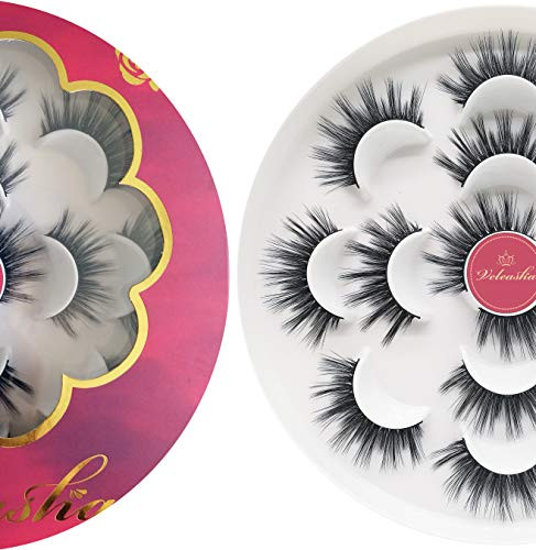 Veleasha Lashes 5D Faux Mink Lashes False Eyelashes Handmade Strip Lashes Wispy Fluffy Fake Lashes Spiky Eyelashes 7 Pai