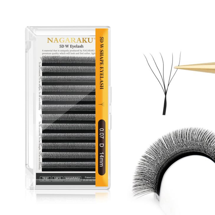 NAGARAKU 5D W Shape Eyelash Extension Supplies Natural Soft Volume 007mm D curl 14mm Premade Fans Faux Mink Matte Black