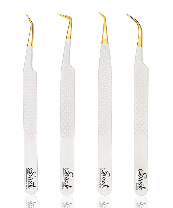SIVOTE Fiber Tip Lash Tweezers for Eyelash Extensions with Diamond Grip White Set of 4 Precise Tips Japanese Steel for C