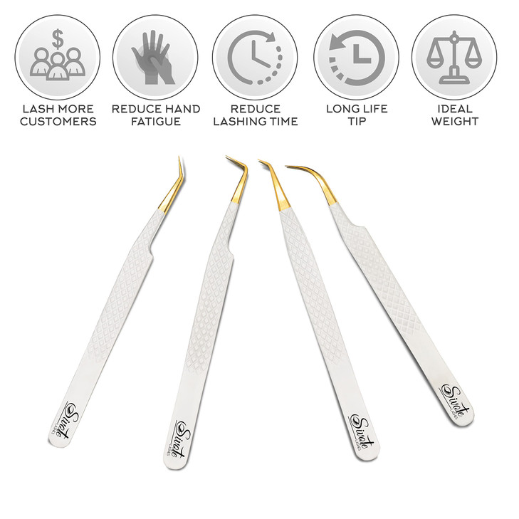 SIVOTE Fiber Tip Lash Tweezers for Eyelash Extensions with Diamond Grip White Set of 4 Precise Tips Japanese Steel for C