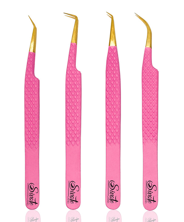 SIVOTE Fiber Tip eyelash tweezers for lash extensions with Diamond Grip Pink Set of 4 Precise Tips Japanese Steel for Cl