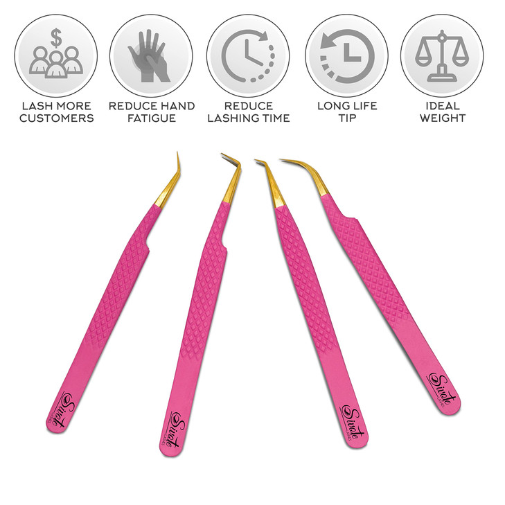SIVOTE Fiber Tip eyelash tweezers for lash extensions with Diamond Grip Pink Set of 4 Precise Tips Japanese Steel for Cl