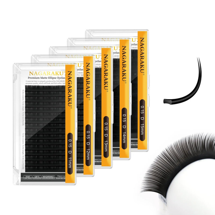NAGARAKU Double Tips Ellipse Eyelash Extensions Lighter Thinner Split Tips Flat False Lashes 5 Trays in 1 Pack 015 D cur