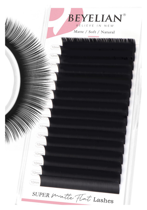 BEYELIAN Ellipse Flat Lash Extension 16 Rows 015 D Curl 10mm Single Length Tray Flat Eyelash Extension Matte Black Class