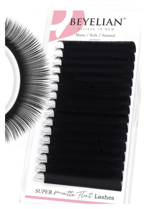 BEYELIAN Ellipse Flat Lash Extension 16 Rows 015 C Curl 15mm Single Length Tray Flat Eyelash Extension Matte Black Class