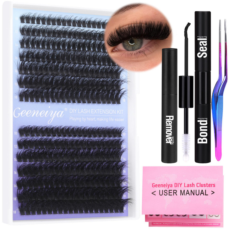 Geeneiya Full Lash Extension Kit Cluster Eyelash Extension Kit Clusters Individual Lashes Kit with Lash Bond and Seal Gl